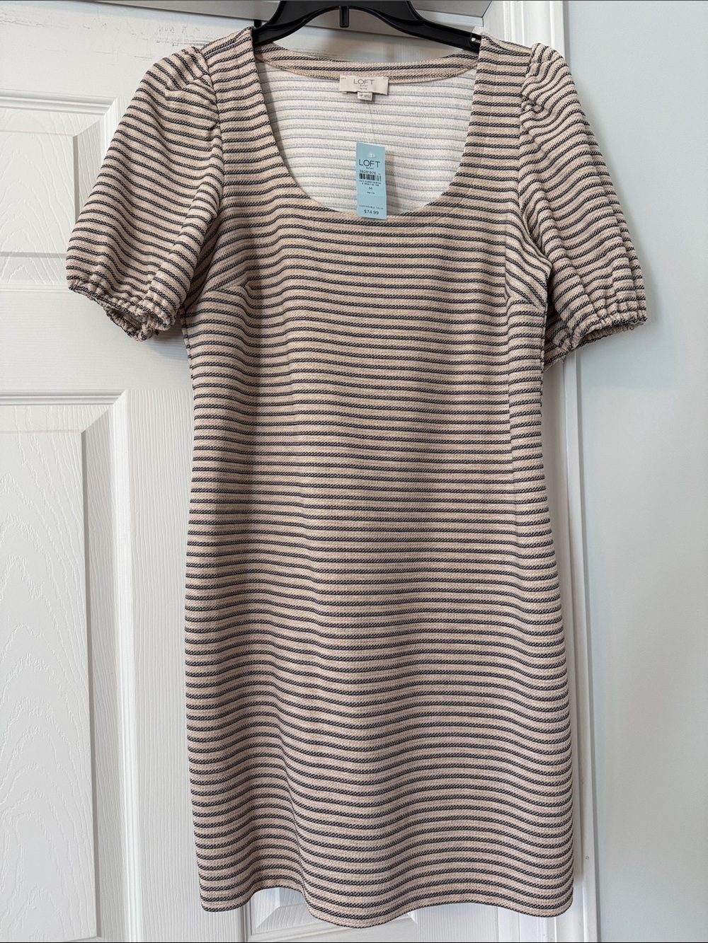 LOFT Cream and Black Striped Puff-Sleeve Knit Mini Dress